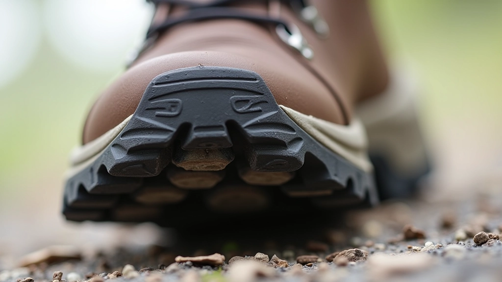 Zbliżenie na podeszwę buta trekkingowego z charakterystycznym wzorem bieżnika