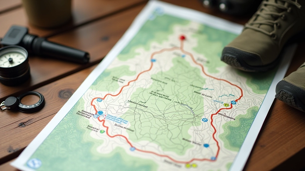 Przygotowanie do podróży turystycznej z mapą, notesem i aparatem fotograficznym na drewnianym stole