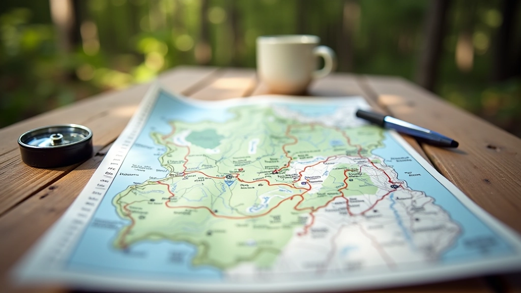 Turystyczna mapa szlaków Bieszczadów rozłożona na drewnianym stole, obok kompas i pióro do notowania