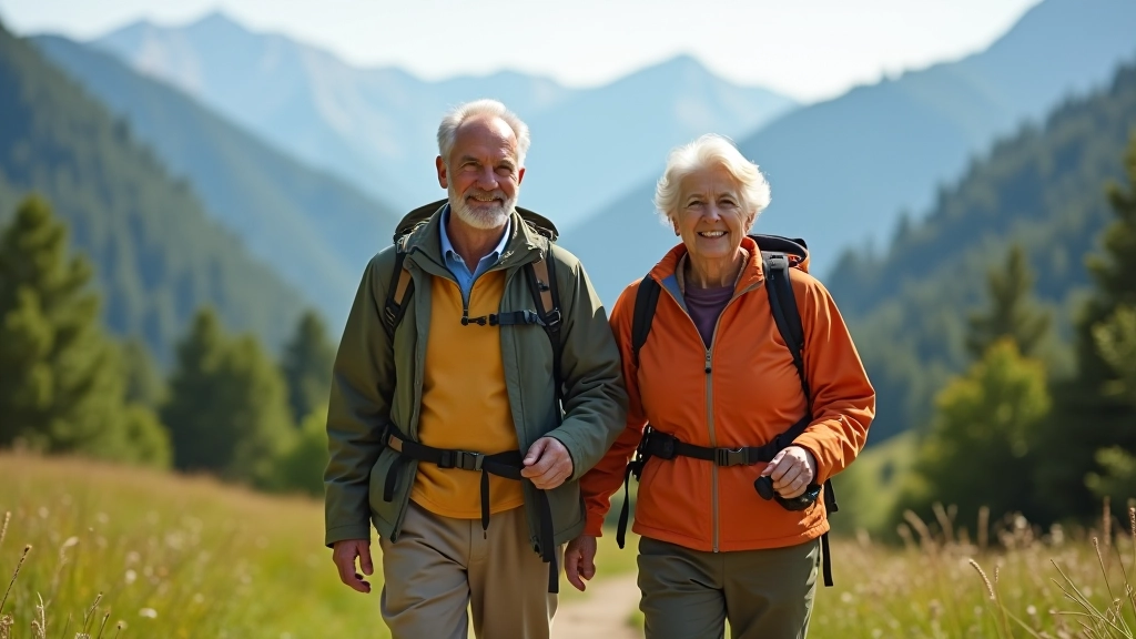 Seniorzy spacerują szlakiem Bieszczad z widokami na połoniny, słoneczny dzień w górach