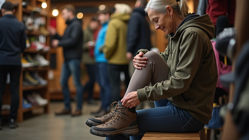 Kobieta w średnim wieku mierzy buty trekkingowe siedząc na ławce w sklepie sportowym